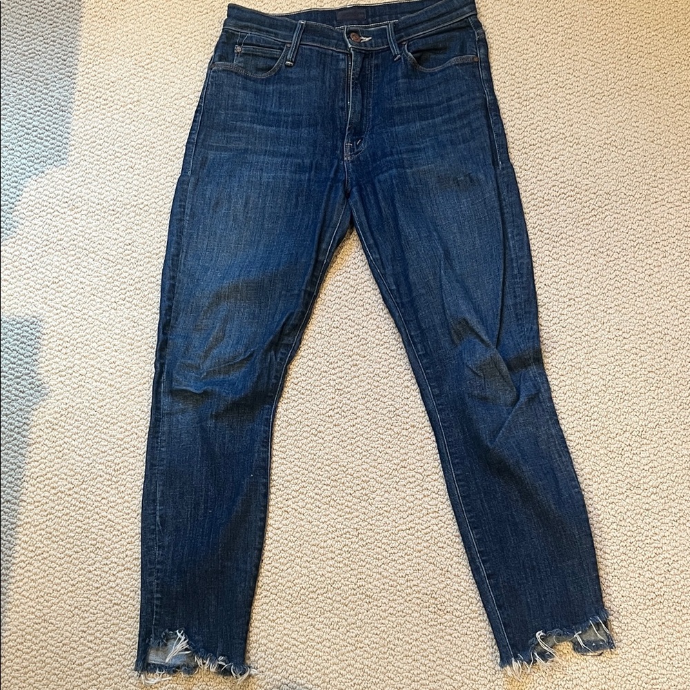 MOTHER Deep Blue Ankle Jeans with Frayed Hem